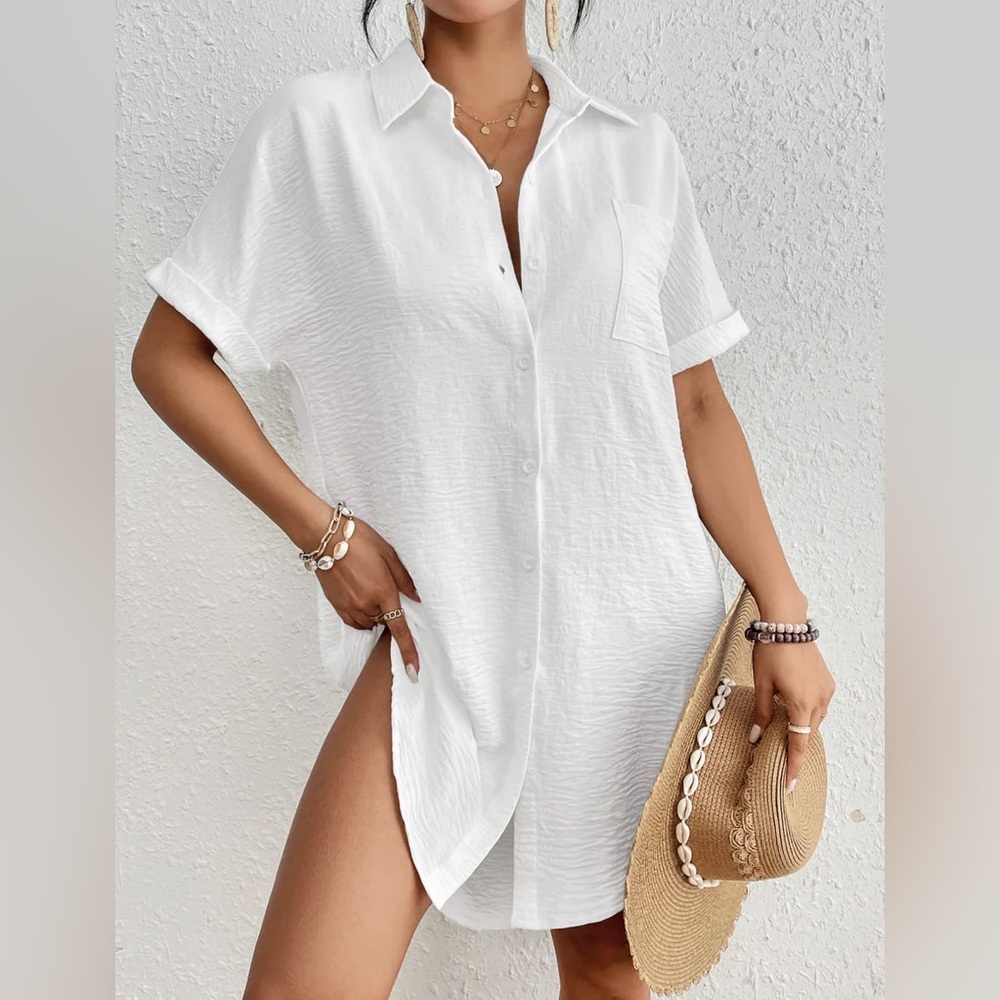 BSUBSEACH Button Down White Shirt Beach Cover Up